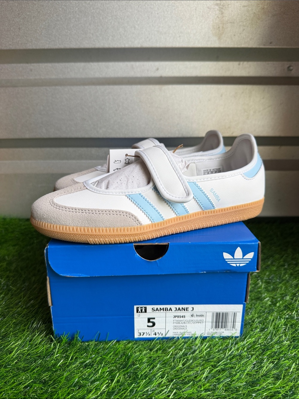 adidas Kids Samba Jane J White & Light Blue Sneakers with Gum Sole